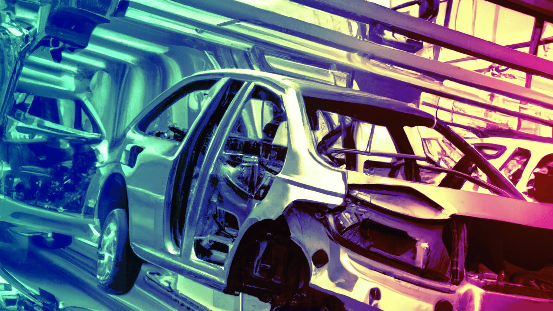 An automated car assembly line in a factory.