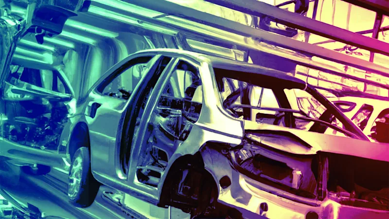 An automated car assembly line in a factory.