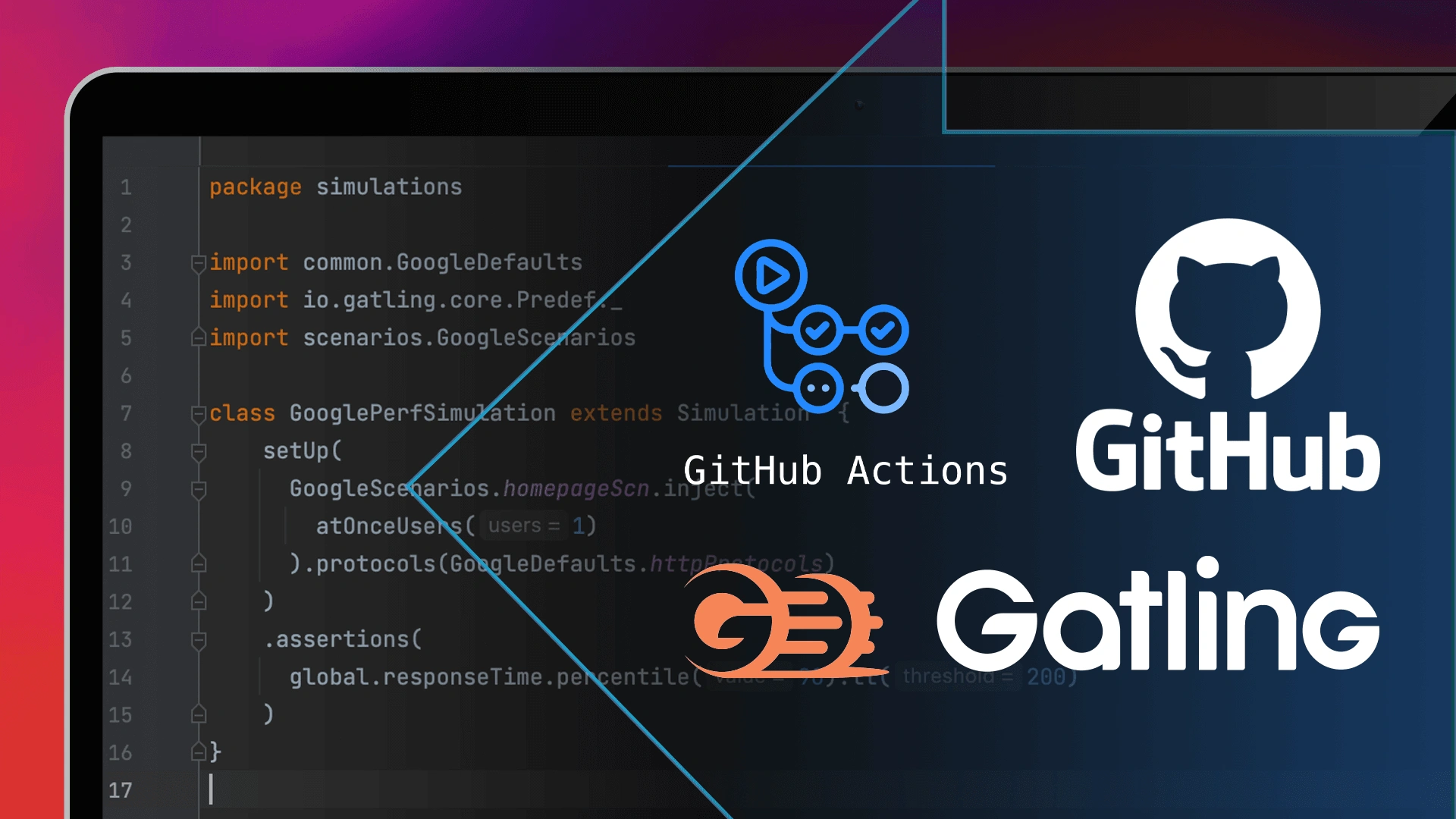 The Github, Github Actions, and Gatling logos overtop of a laptop computer running code.