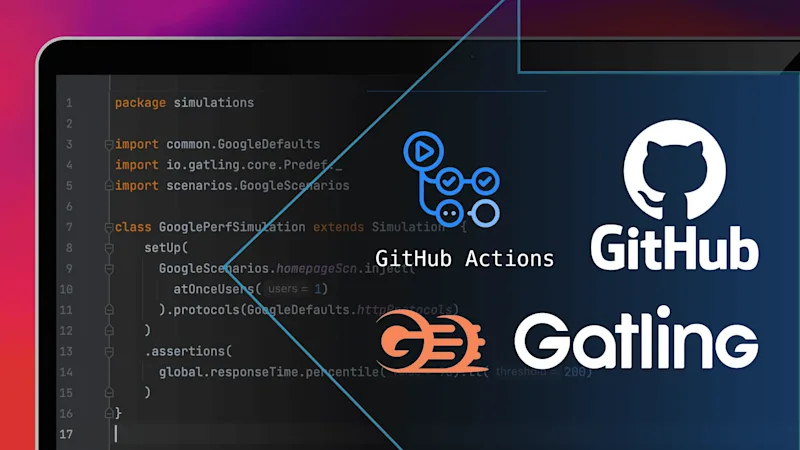 The Github, Github Actions, and Gatling logos overtop of a laptop computer running code.
