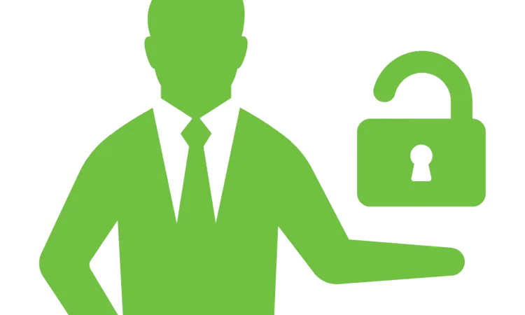 An icon of a man in a suit holding an open padlock.