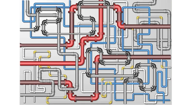 An illustration of a tangle of pipelines.