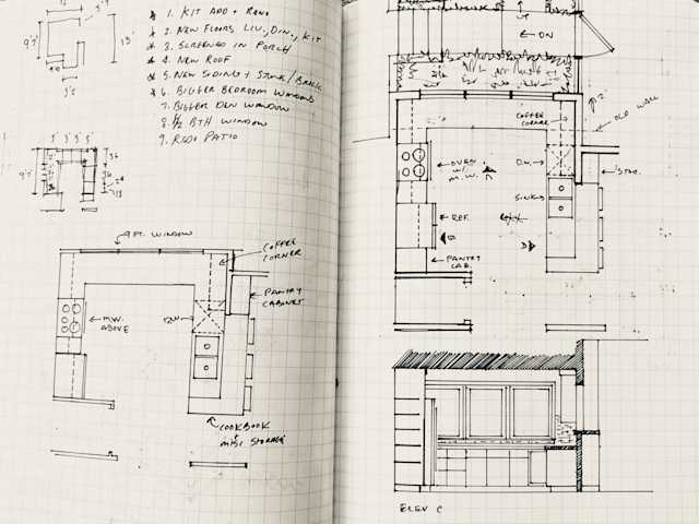 Kitchen Renovation Study #1 - New Layouts, Left page - existing footprint with new layout. Right - 2ft bump out with new layout