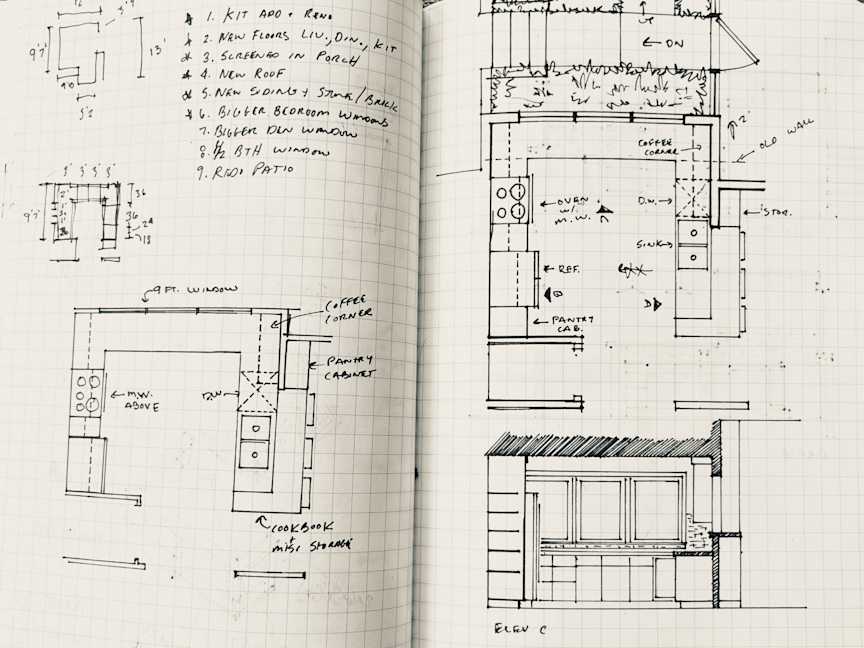 Kitchen Renovation Study #1 - New Layouts, Left page - existing footprint with new layout. Right - 2ft bump out with new layout