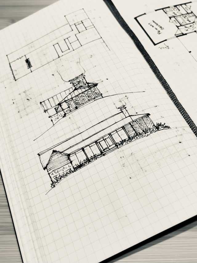 Cabin Study #1 - Elevations, Front and porch side elevations