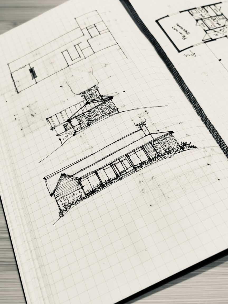Cabin Study #1 - Elevations, Front and porch side elevations