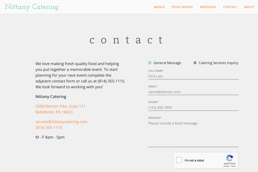 nittany catering - contact form, 