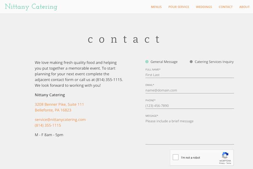 nittany catering - contact form, 