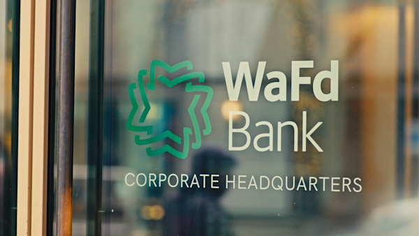 Entrance of WaFd Bank's corporate headquarters in Seattle, Washington.