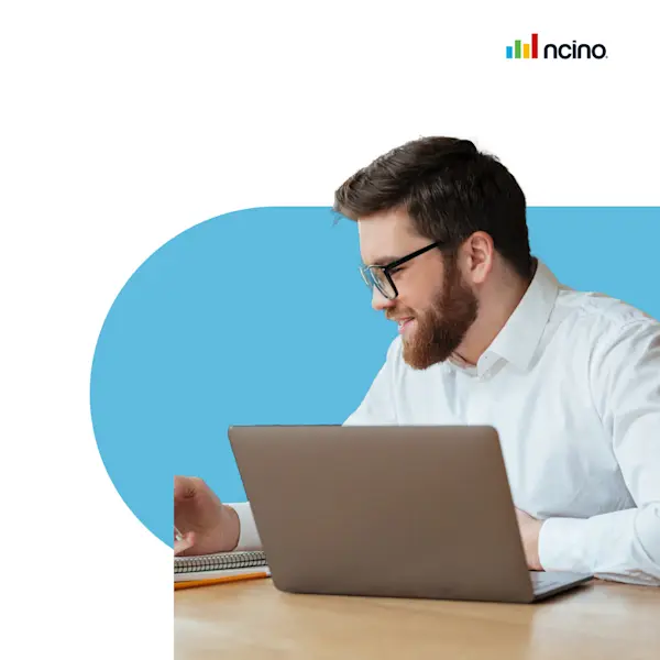 Man Beard Glasses Laptop Blue uses customer onboarding software