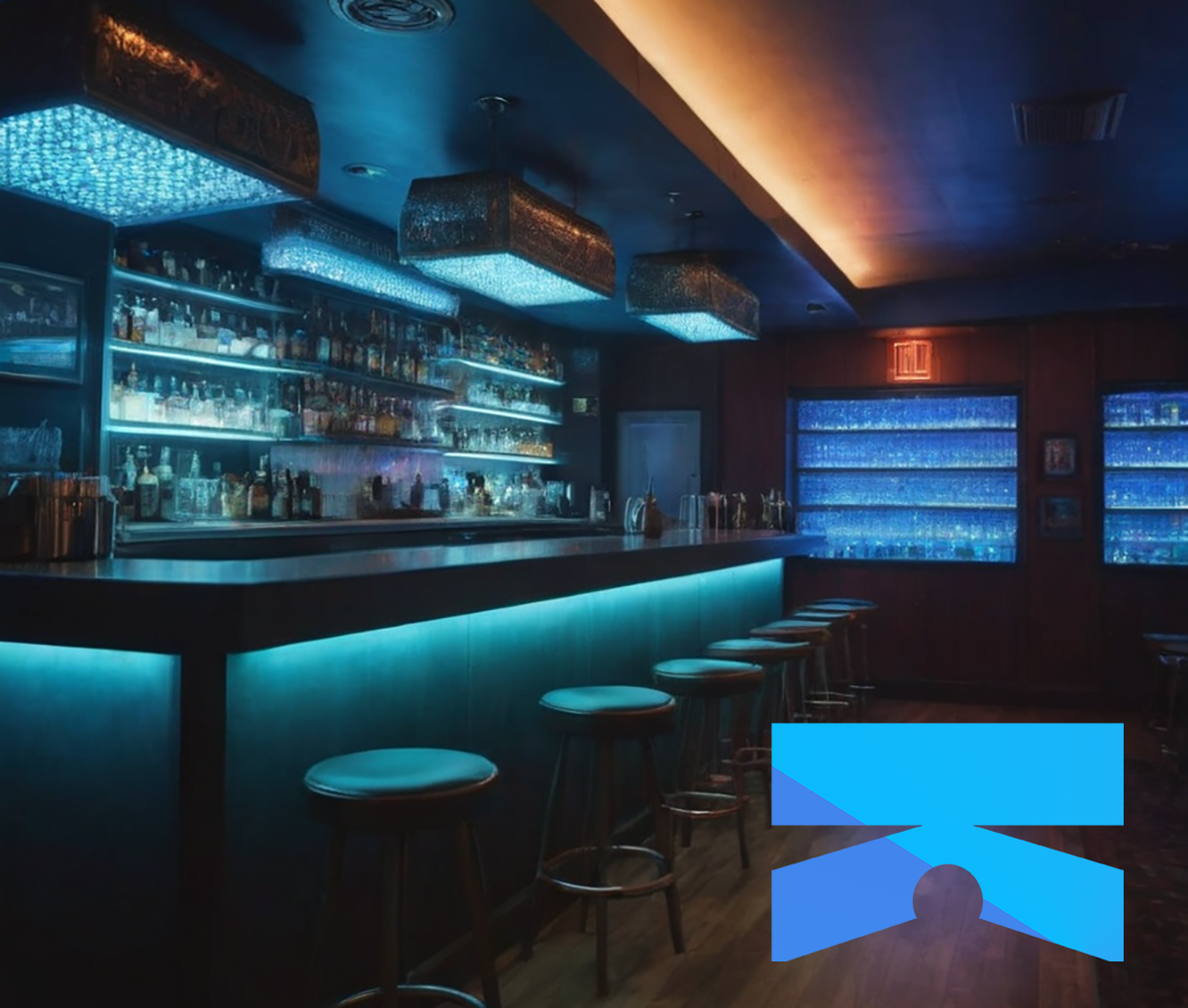 Blue lit empty bar