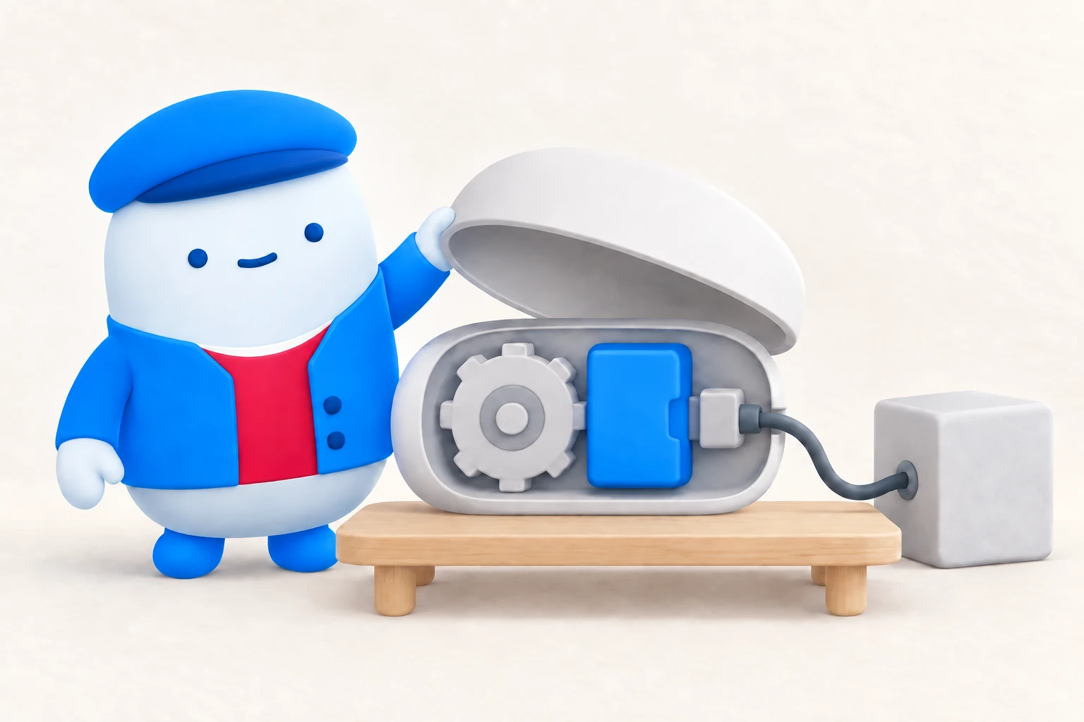The Moga mascot opens a tool cartridge to reveal a mechanism, a removable module, and a connector leading to an external box.