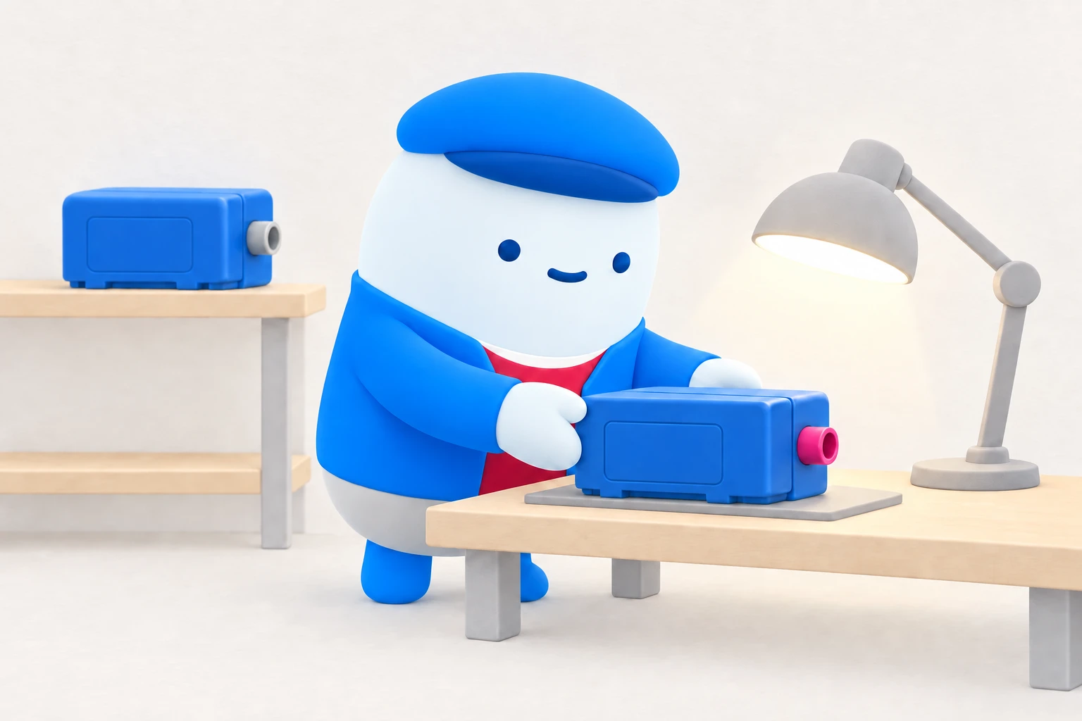 The Moga mascot places a revised cartridge with a replacement connector under an inspection lamp; the earlier cartridge rests on a shelf.