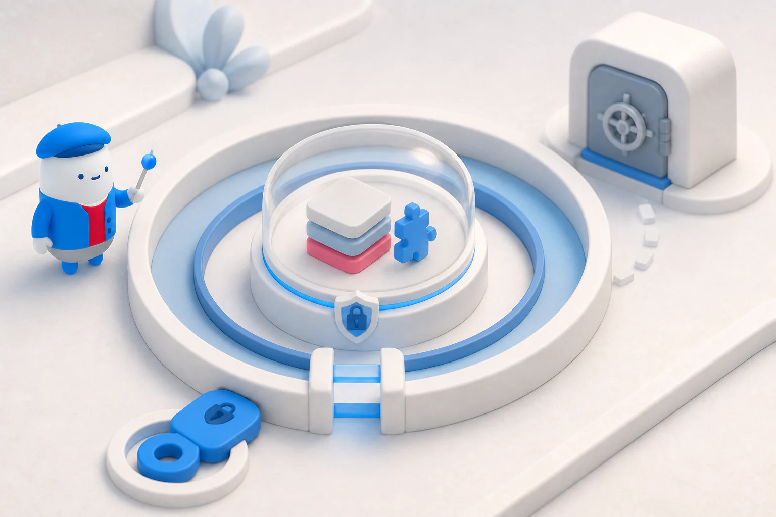 Soft 3D illustration of the Moga mascot testing a disposable workload constrained by execution, network, and credential boundaries before a separate production vault.