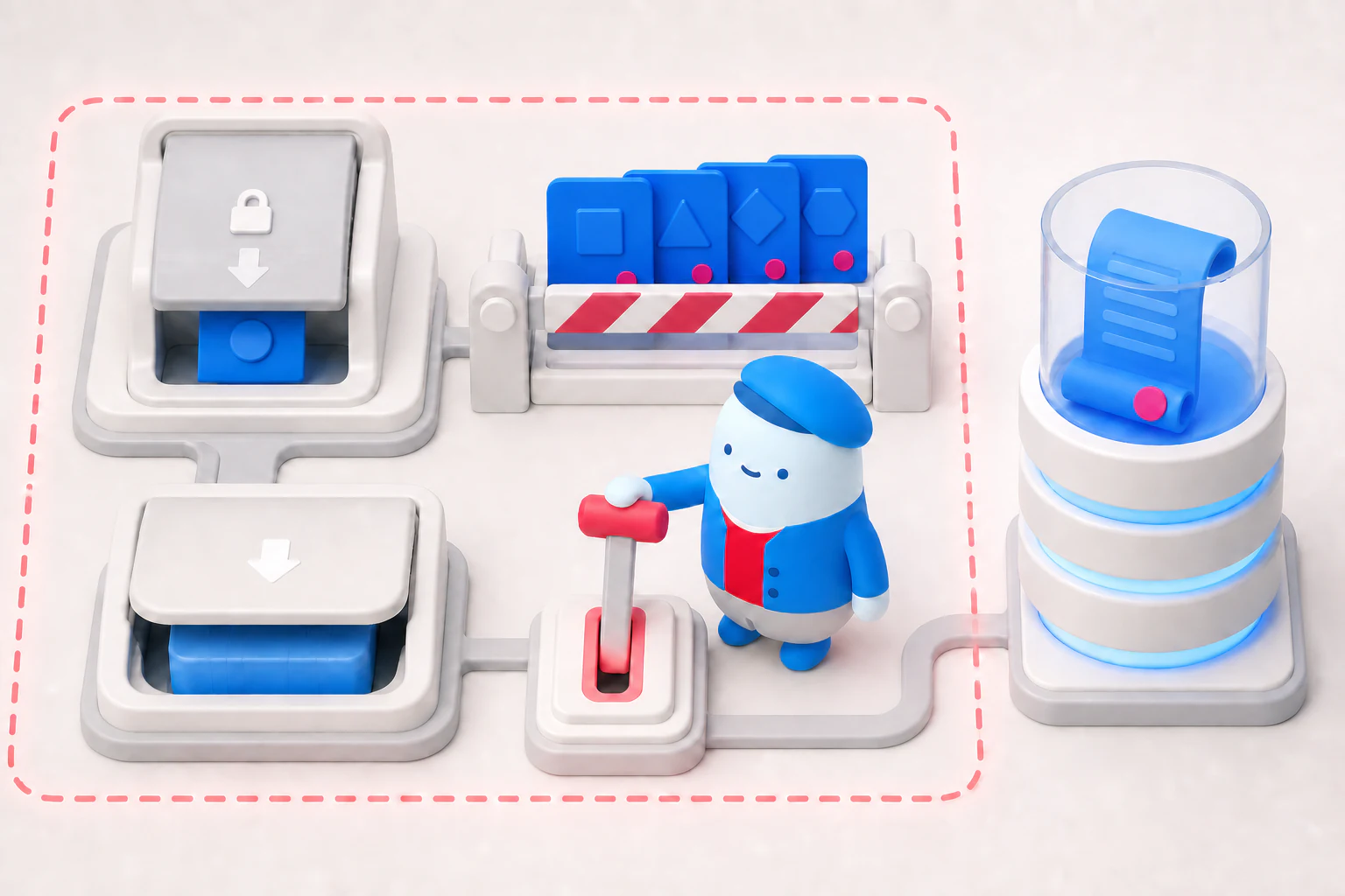 Soft 3D illustration of the Moga mascot pulling one stop lever to retract access, block queued tasks, close a disposable workload, and preserve an external log.
