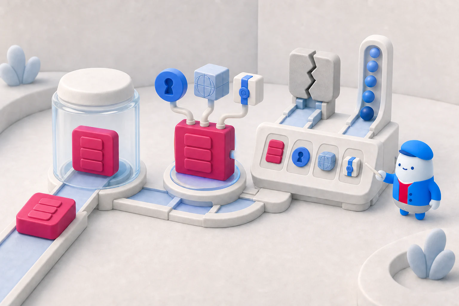 Soft 3D illustration of CMS activity entering customer-owned storage, receiving identity, environment, and release context, then joining application and traffic evidence.