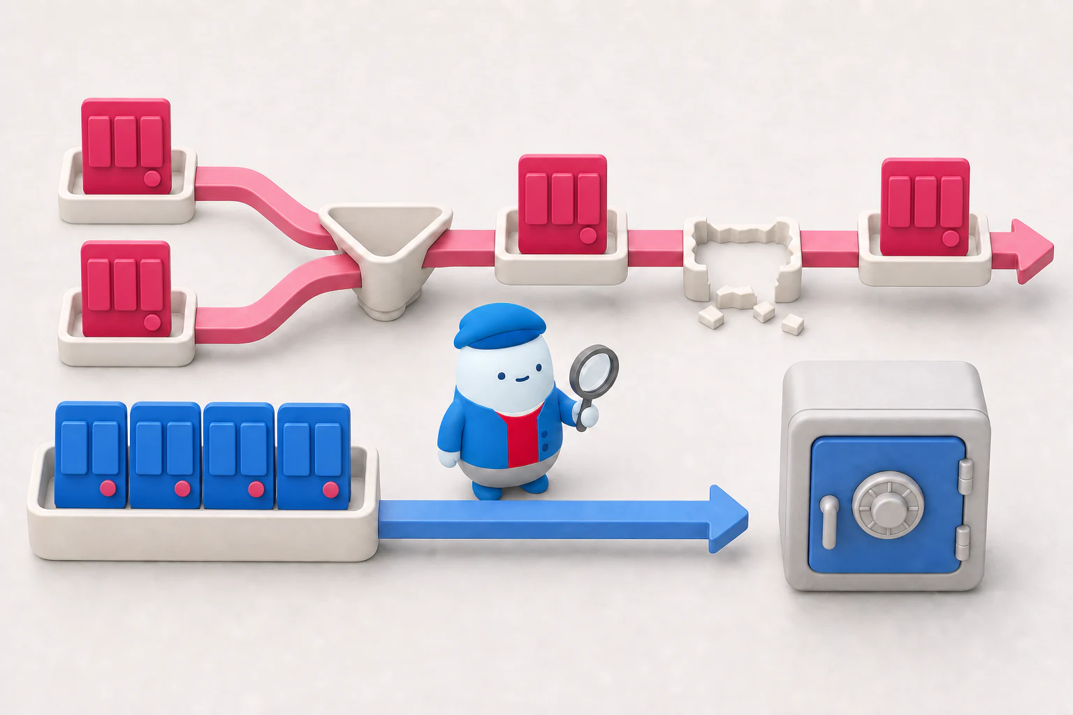 Soft 3D illustration of duplicate CMS events merging before a visible delivery gap while a separate complete archive lane reaches protected storage.