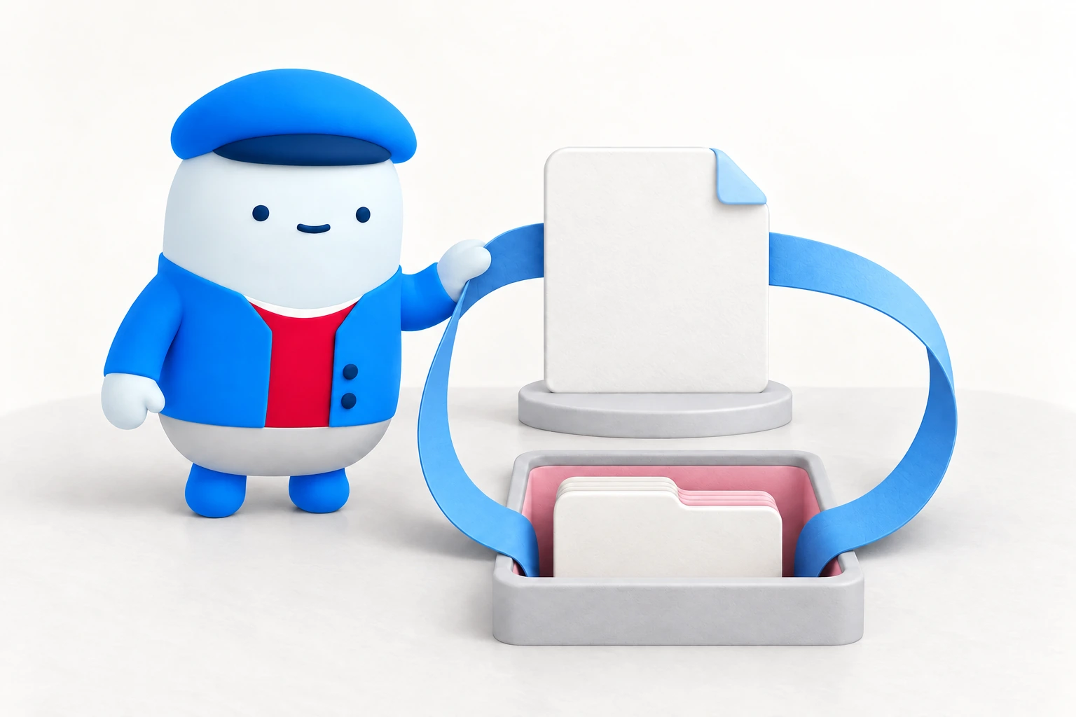 The Moga mascot traces a continuous paper path from a blank editor card through a storage compartment and back to the card.