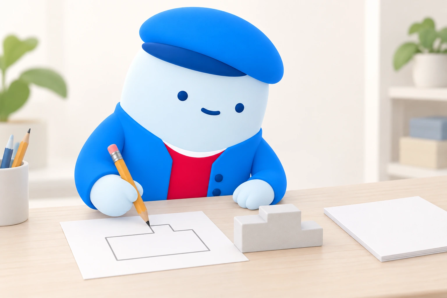 The Moga mascot pencils a correction onto a paper outline so it matches the finished piece beside it, while a blank sheet waits to one side.