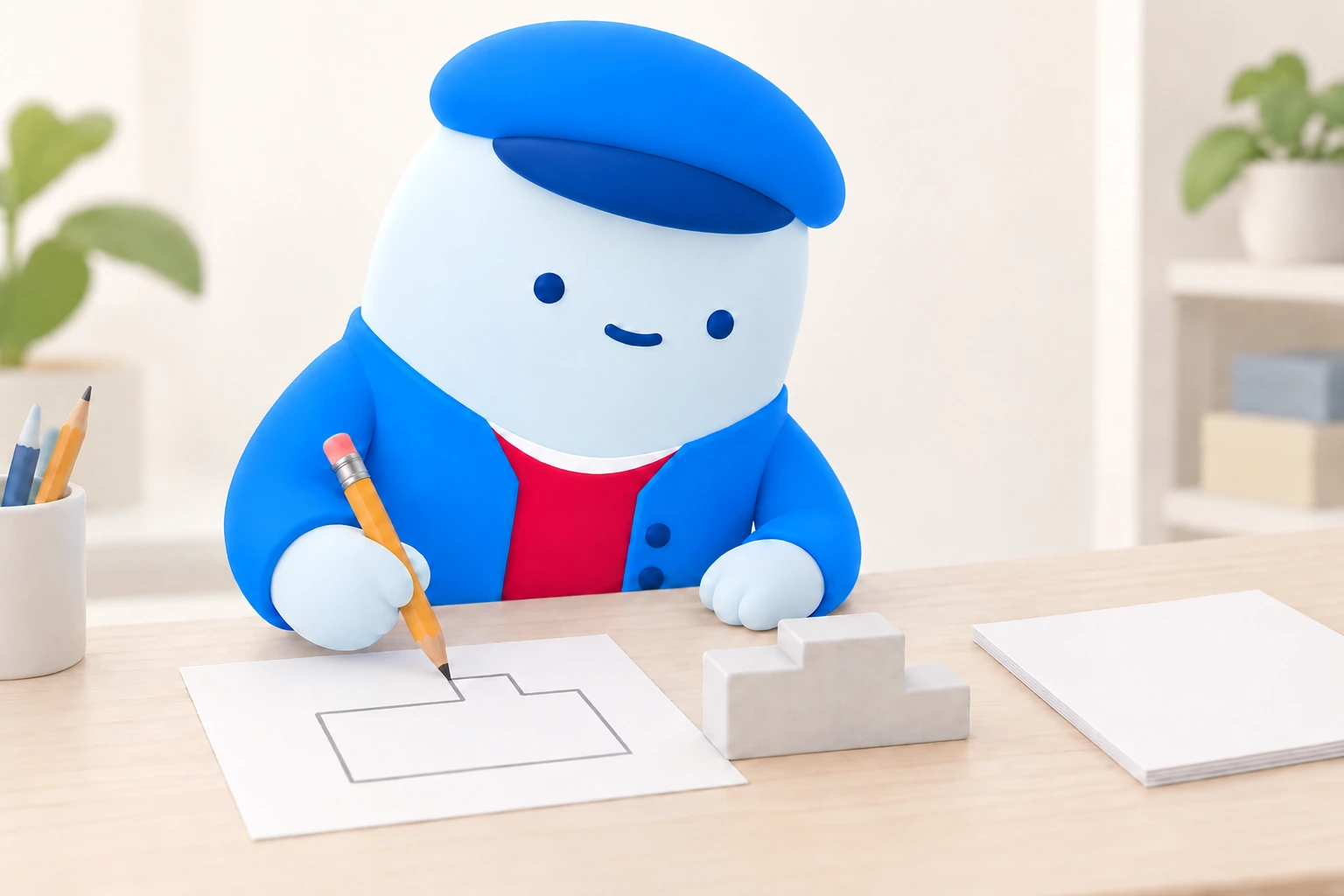 The Moga mascot pencils a correction onto a paper outline so it matches the finished piece beside it, while a blank sheet waits to one side.