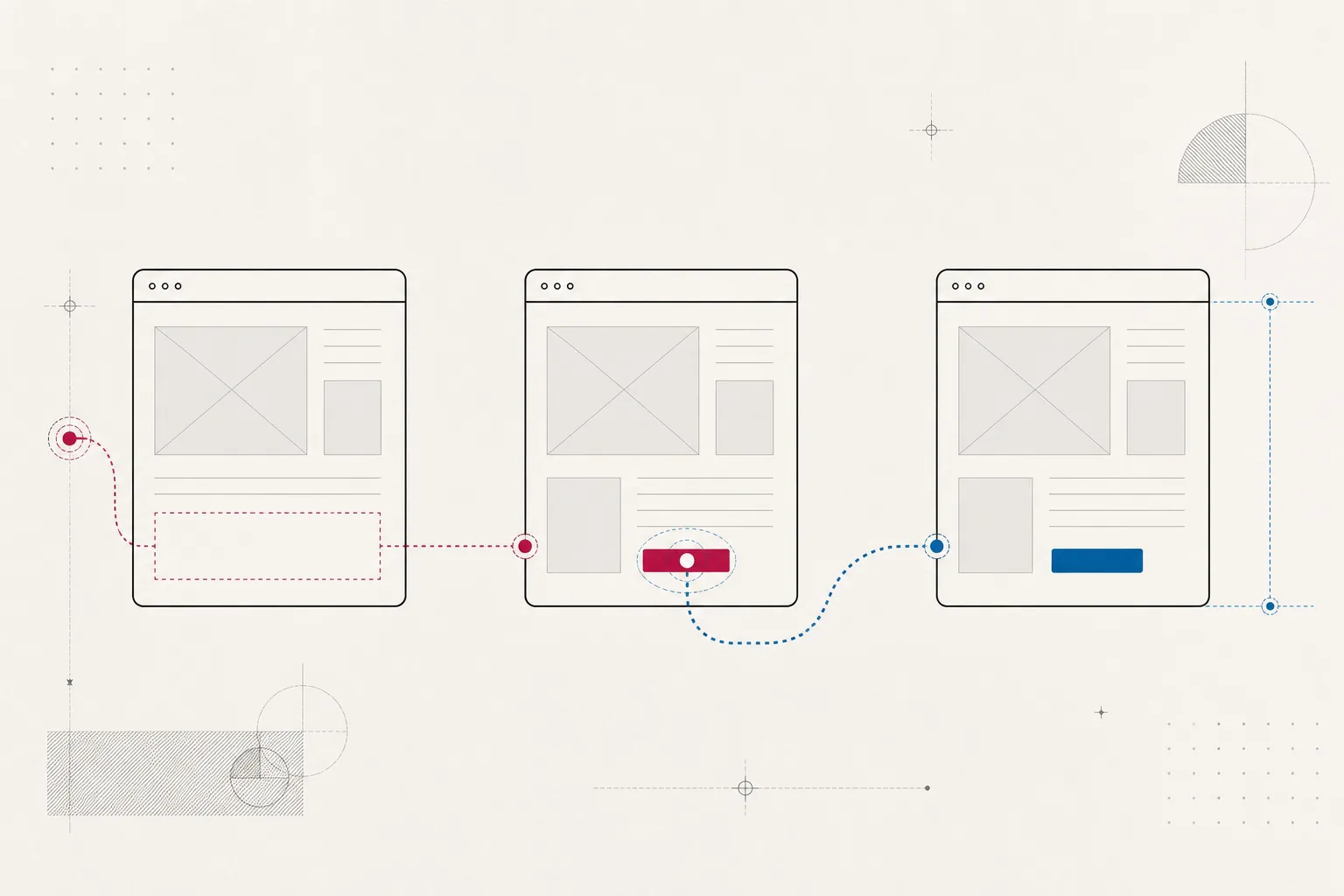 Editorial diagram of three browser states measuring visible content, interaction response, and layout stability.