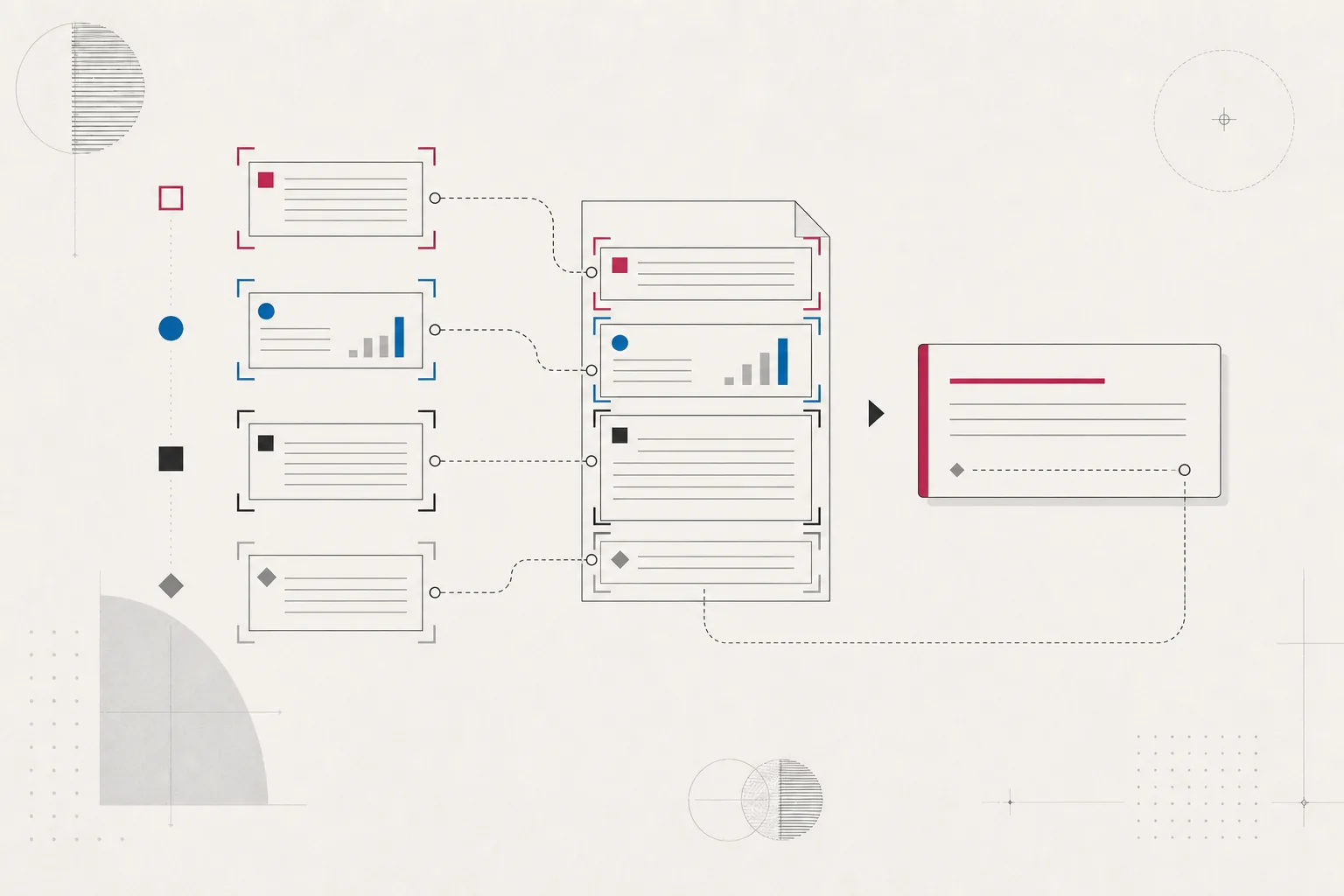 Editorial diagram assembling definitions, evidence, bounded passages, and attribution into an answer-ready source.