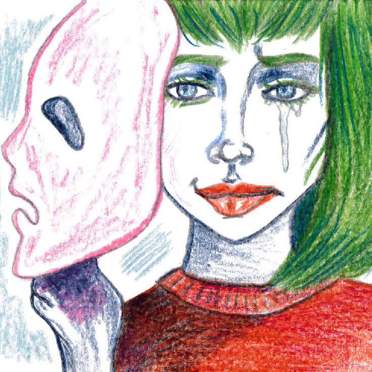 Una mujer oculta sus lágrimas con una máscara