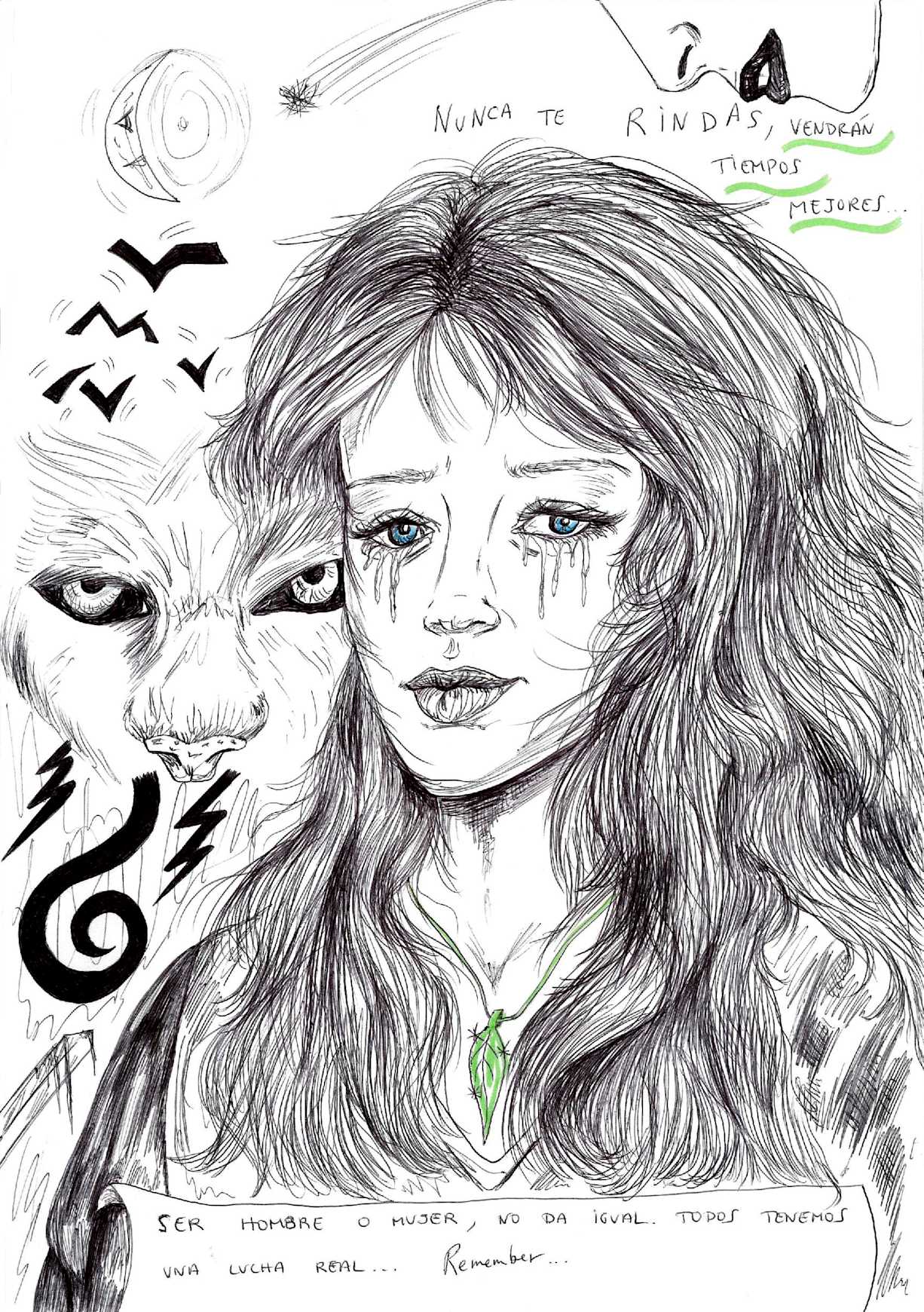 A woman cries with a monster lurking behind her