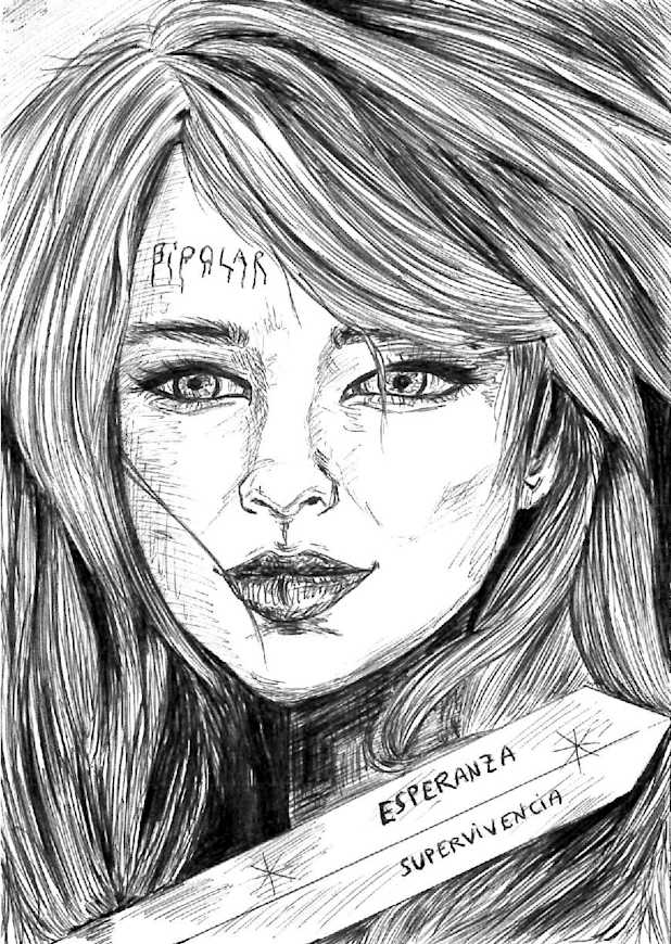 Retrato de una mujer que muestra una espada con las palabras esperanza y supervivencia escritas