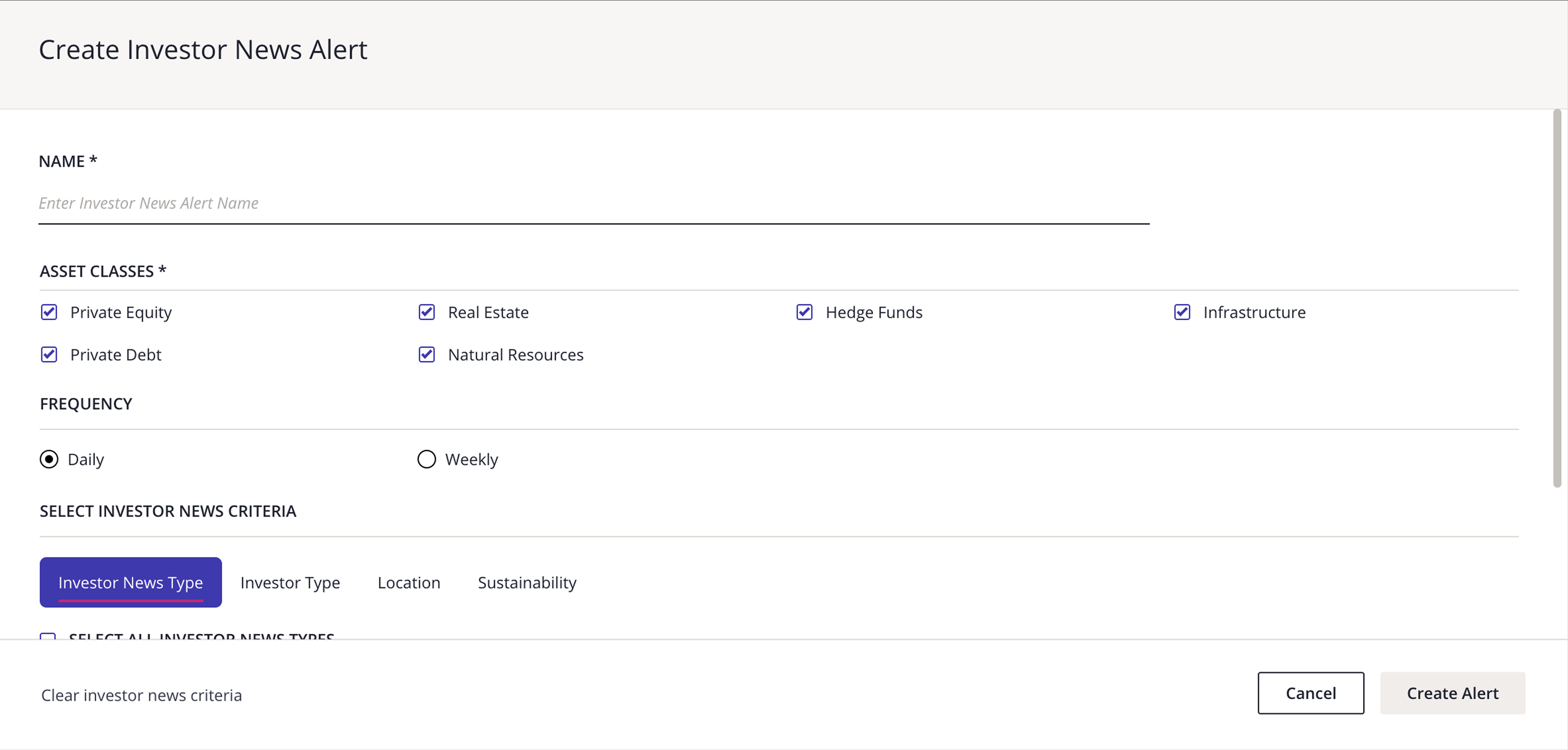 Create News Alert on Preqin Pro
