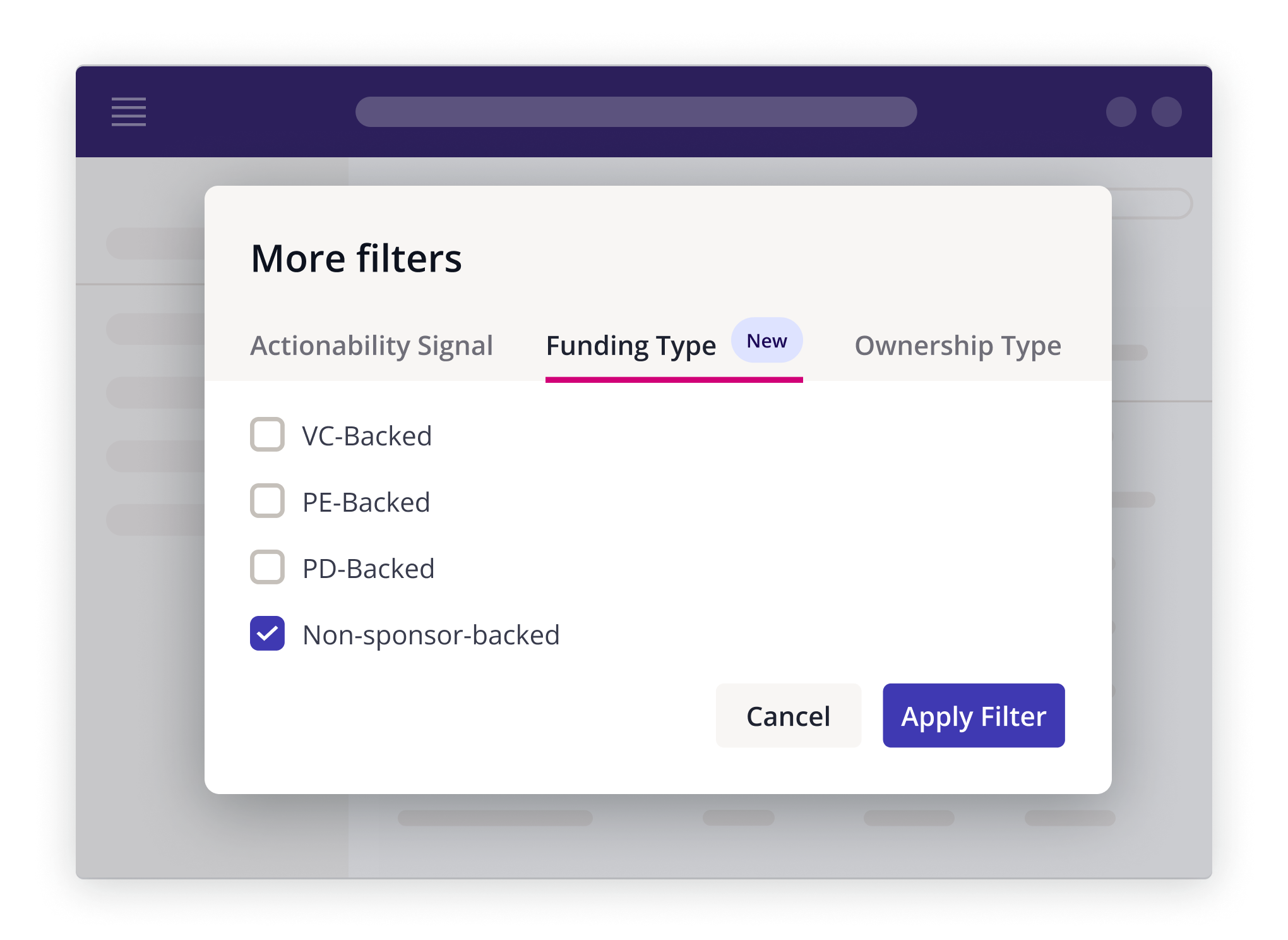 Preqin Pro - Non-sponsor-backed companies - Funding type filter