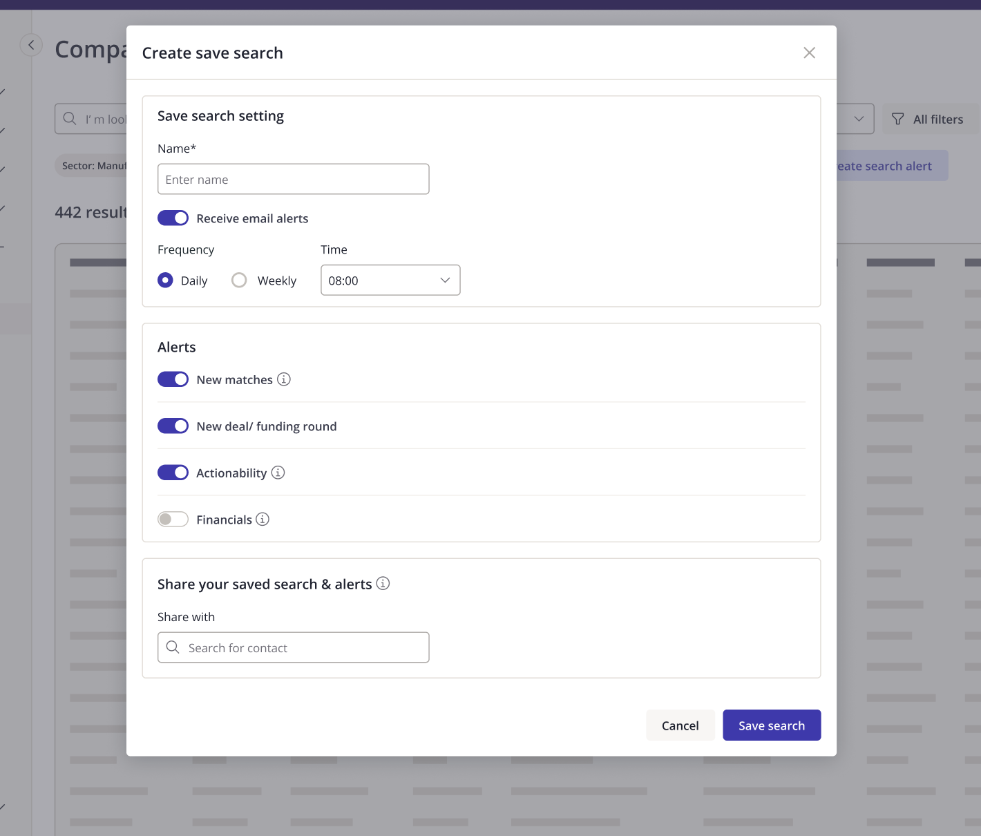 Create save search in Company Search on Preqin Pro