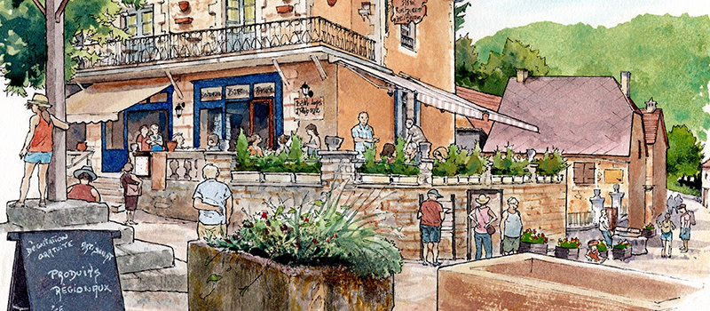 Entdecken Sie das hübsche Dorf Saint-Amand-de-Coly in den Zeichnungen von Cat Gout