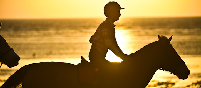 Horse riding on the beach with the sunset