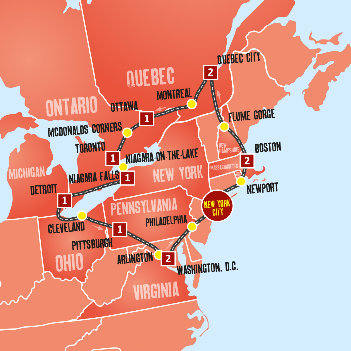 East Coast USA And Canada Tour Map 