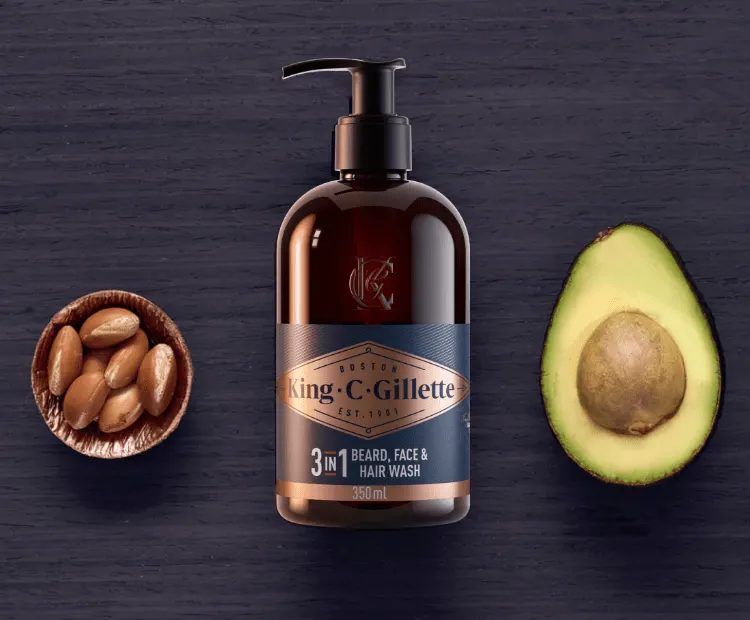 King C. Gillette mytí vousů a obličeje s arganovým a avokádovým olejem a kokosovou vodou