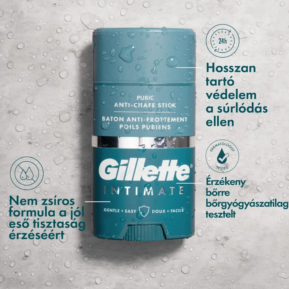 A Gillette Intimate Pubic kidörzsölődésgátló pálcika hatékony, hosszan tartó formulája véd a dörzsölés ellen, és egész nap frissen érzi magát