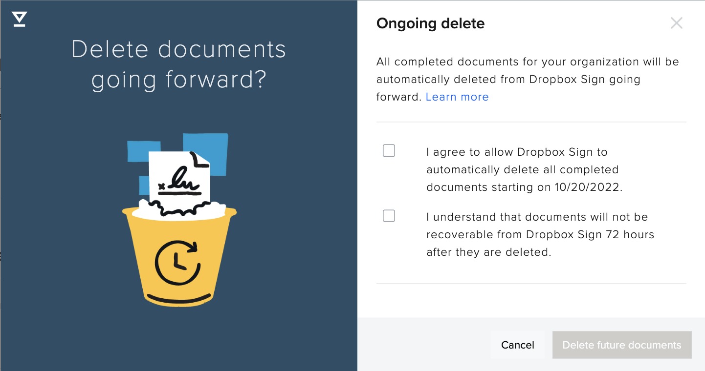 Dropbox Sign admin - Ongoing delete