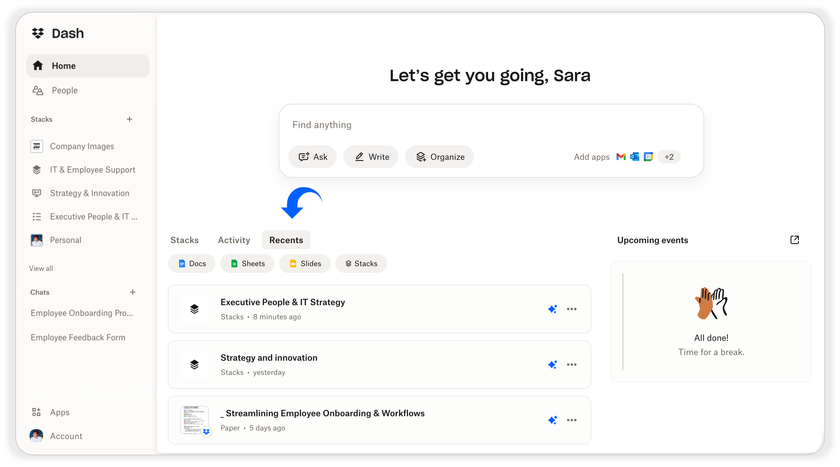 Dash Team Member QSG - Using the start page in Dropbox Dash - Upcoming events module - Recents module - image 1/1