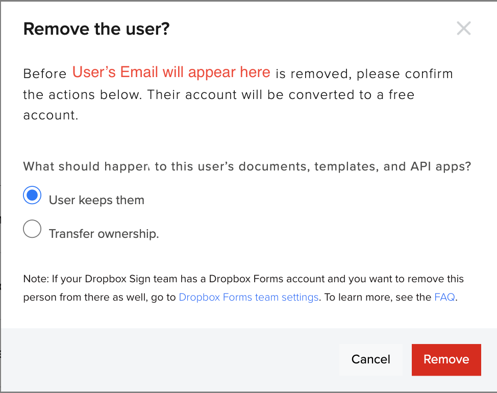 Removing a user in the Dropbox Sign Admin console