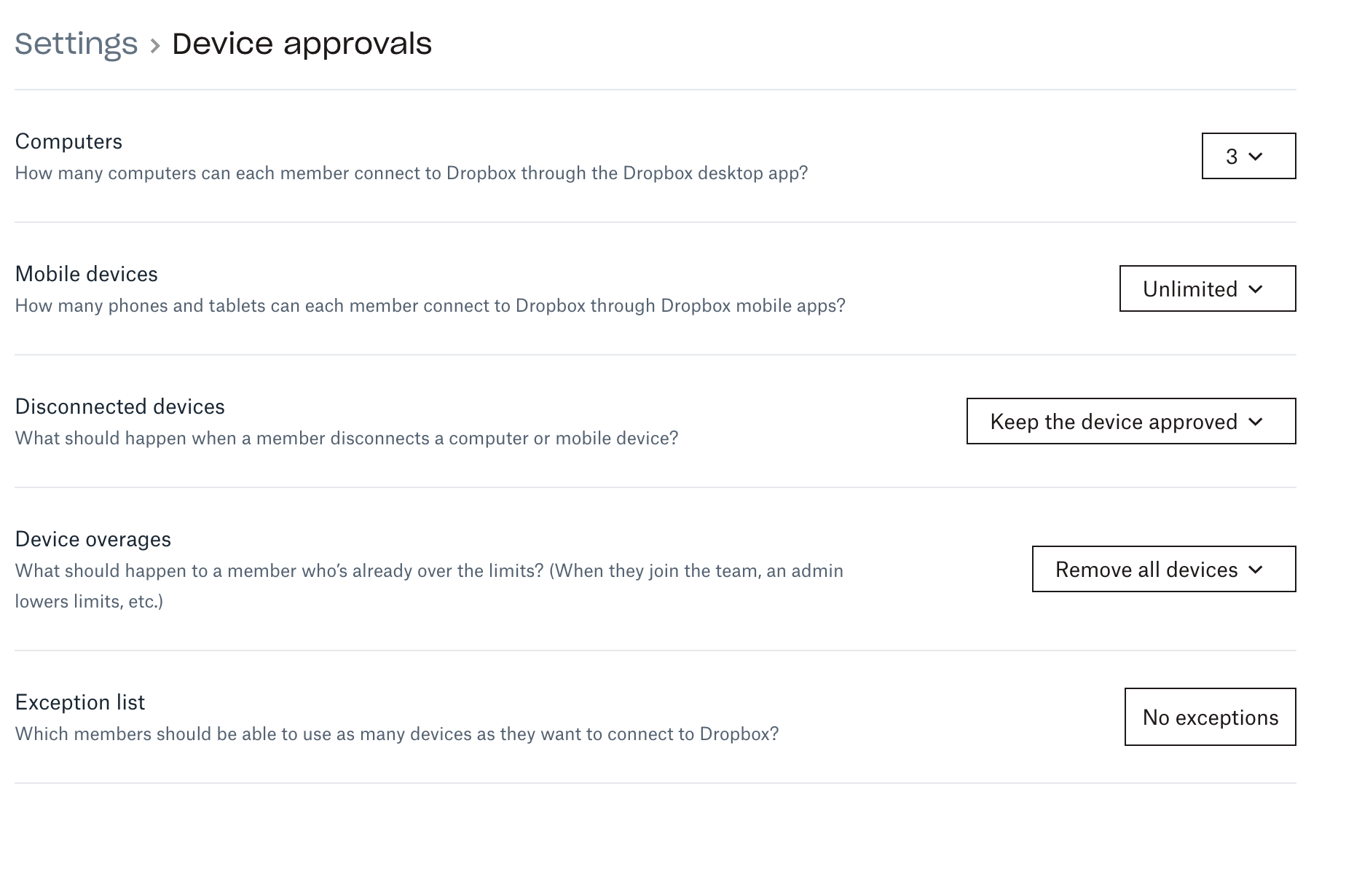 How to limit the number of devices team members can use with their Dropbox business account - team admin