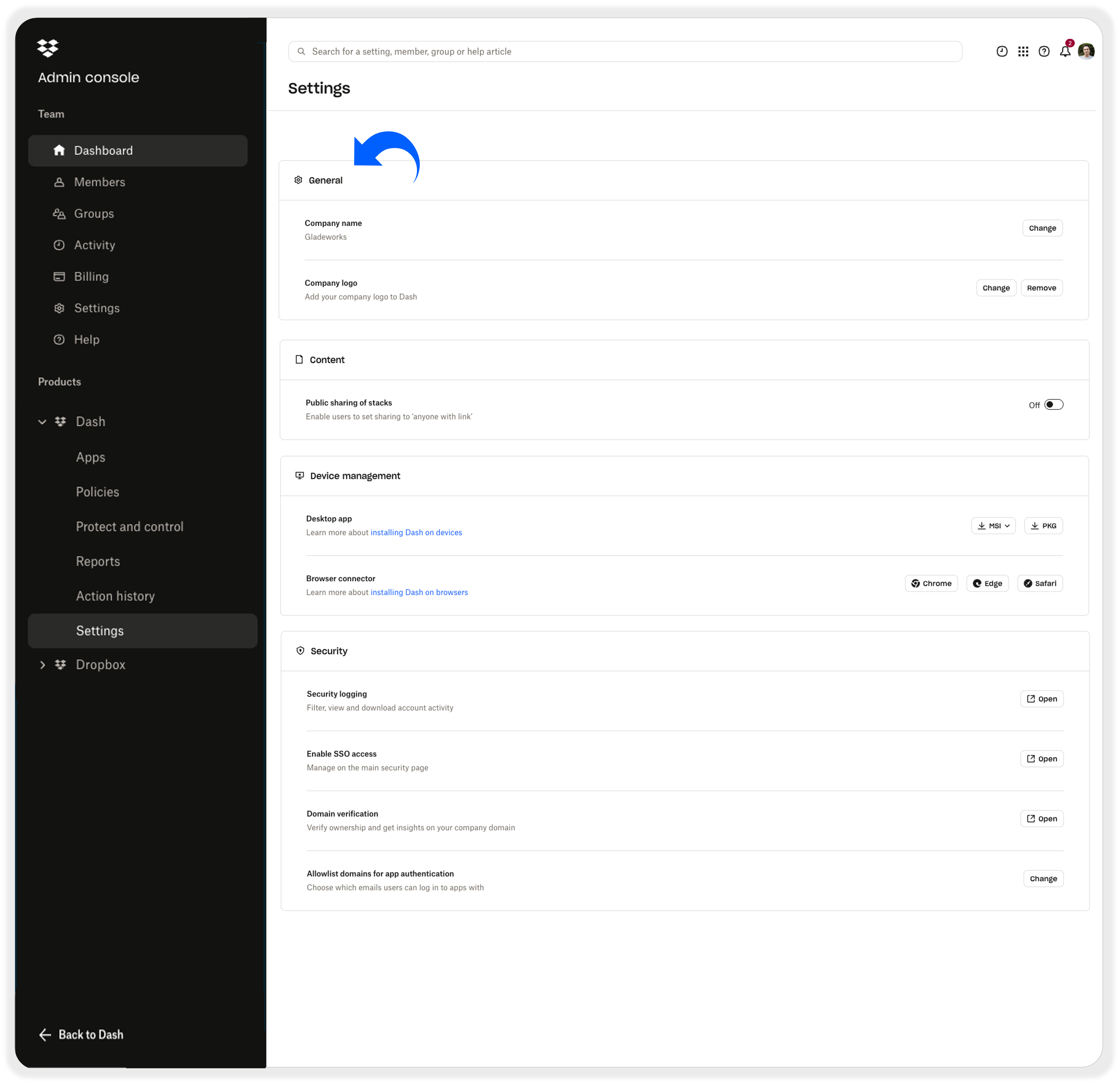 Dash Admin QSG - Configure Dash settings - image 1/1