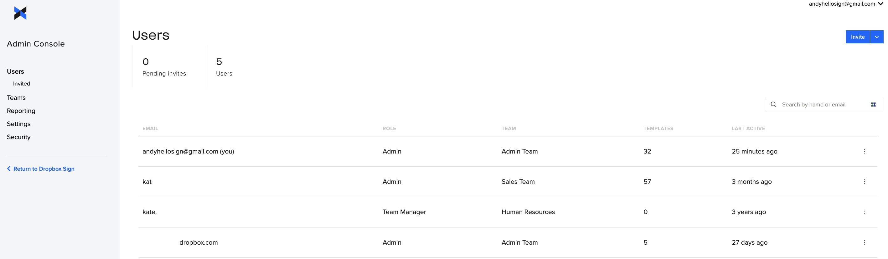 Dropbox Sign - Admin console homepage