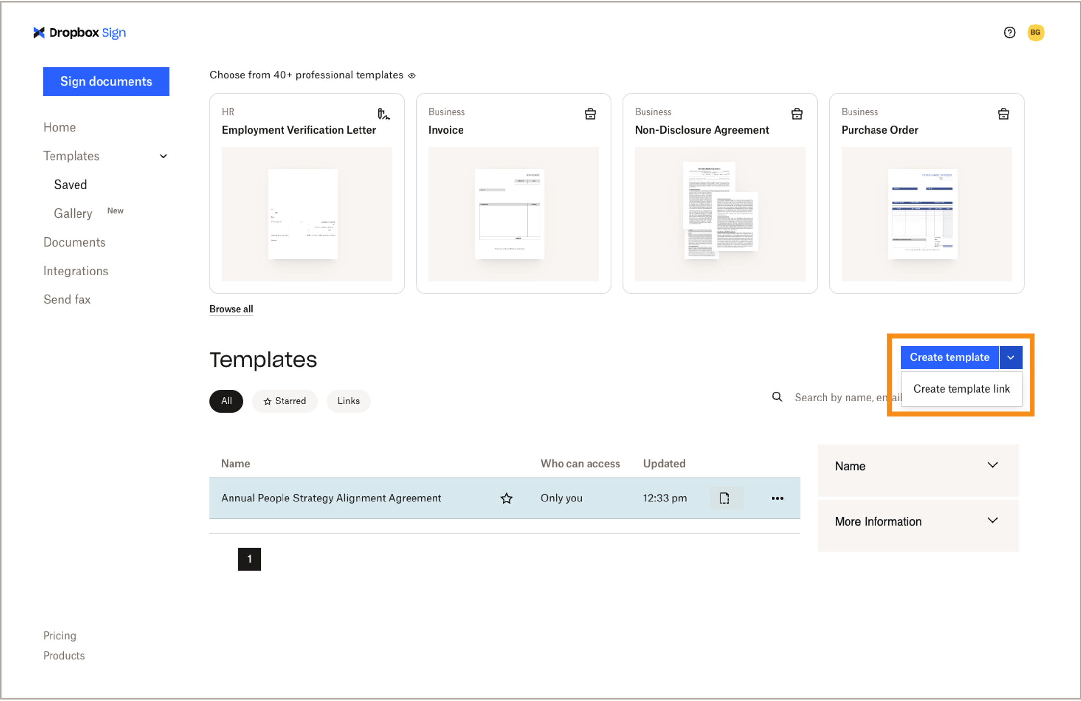 Dropbox Sign - Create a template link
