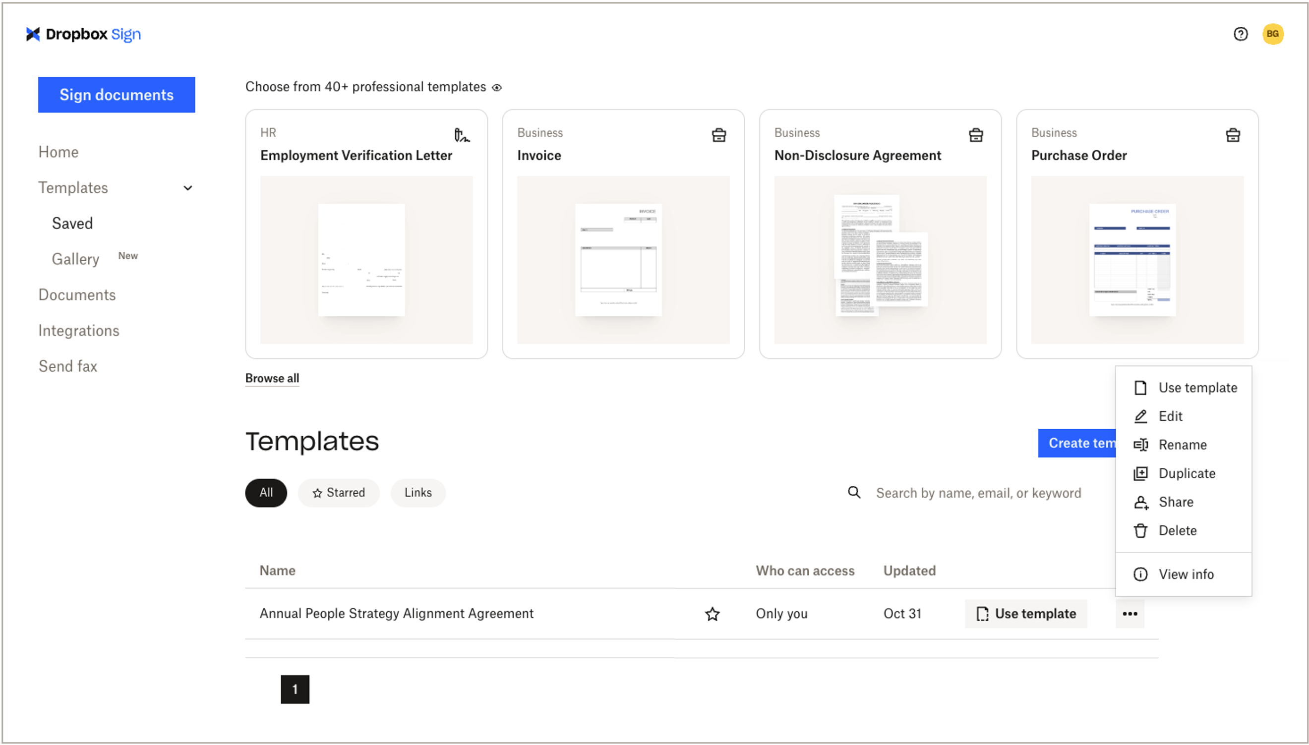 Dropbox Sign - Templates page