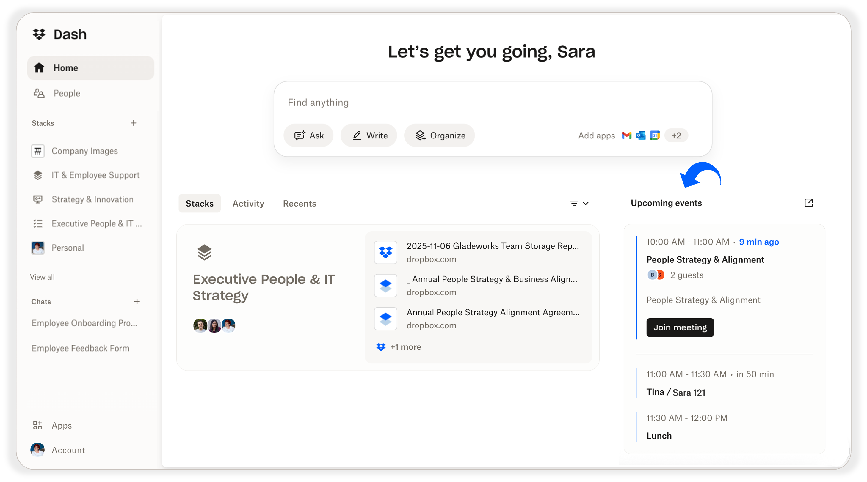 Dash Team Member QSG - Use the start page in Dropbox Dash - Upcoming events module - image 1/1