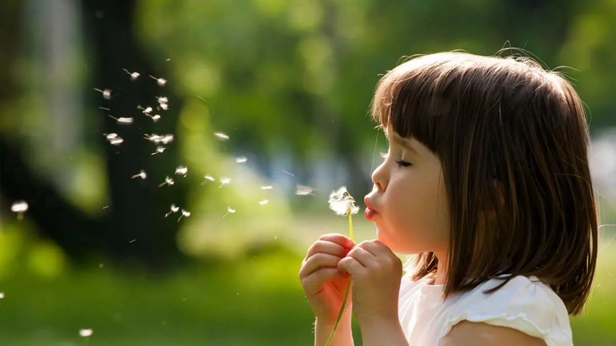Young girl blowing seeds off of a flower