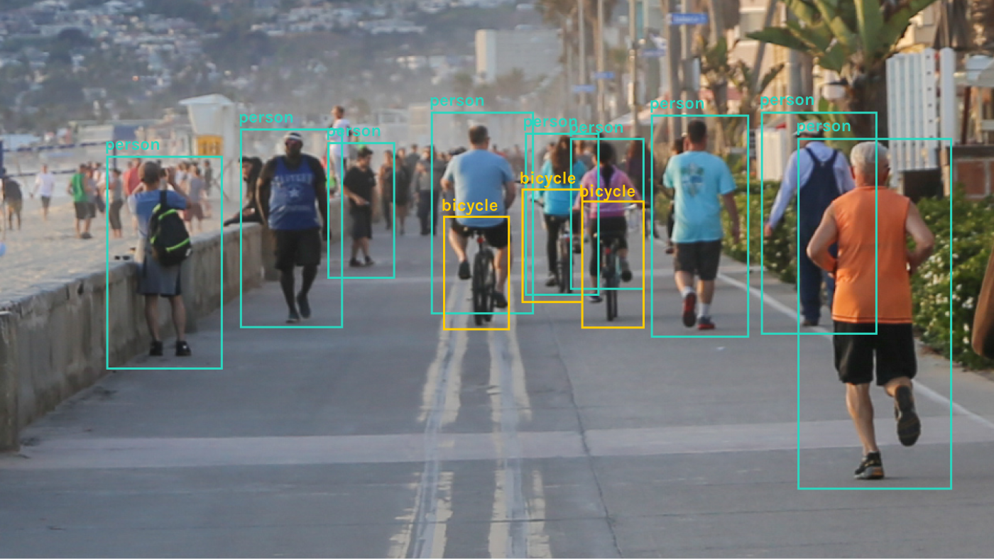 Computer vision used to detect people and bicycles on a busy boardwalk.