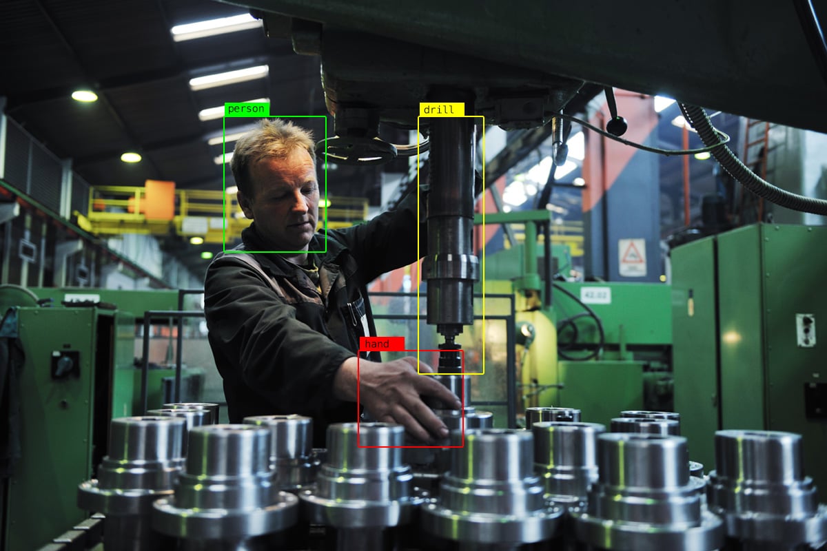 Object detection detecting person, hand, and drill, in a manufacturing plant.