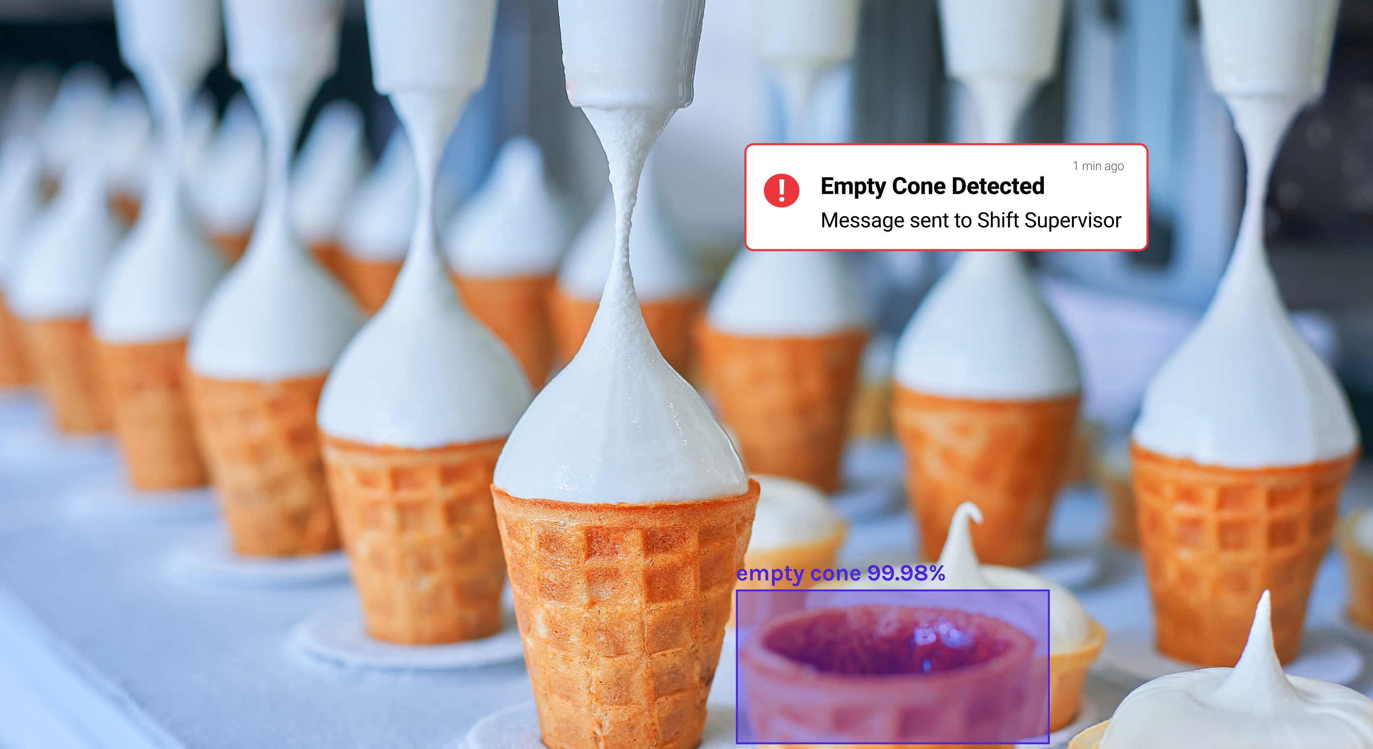 Empty cone detected on ice cream assembly line